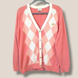 Bobby Jones Pink Argyle 100% Pima Cotton Button-Up V-Neck Cardigan Preppy Golf